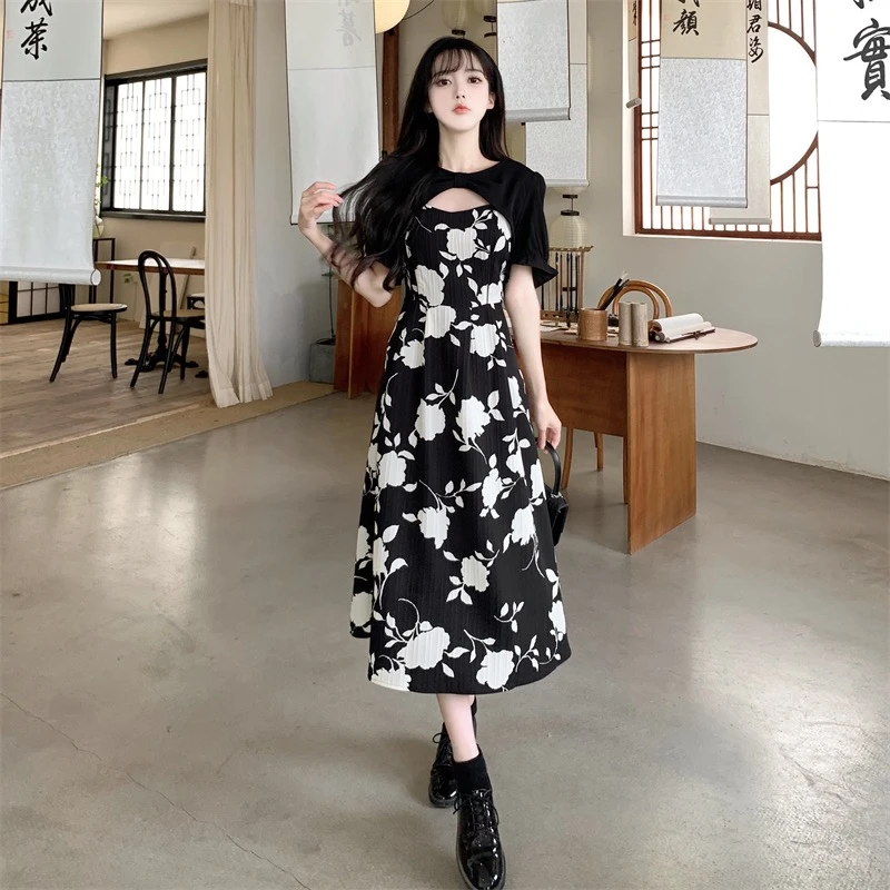 时尚黑色水墨吊带连衣裙收腰显瘦披肩外搭套装E23260