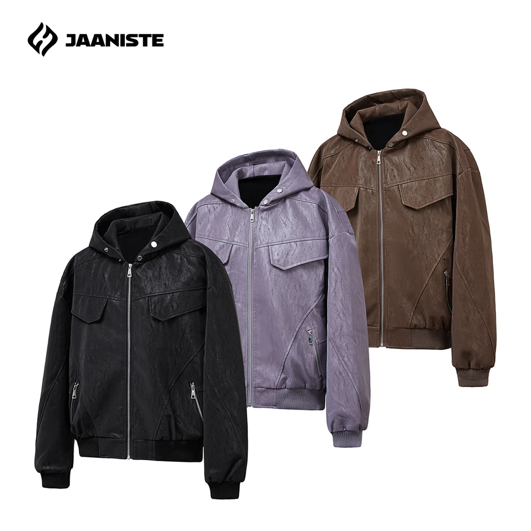 Jaaniste结构拼接连帽皮外套男秋季复古雾面皮衣夹克百搭情侣款
