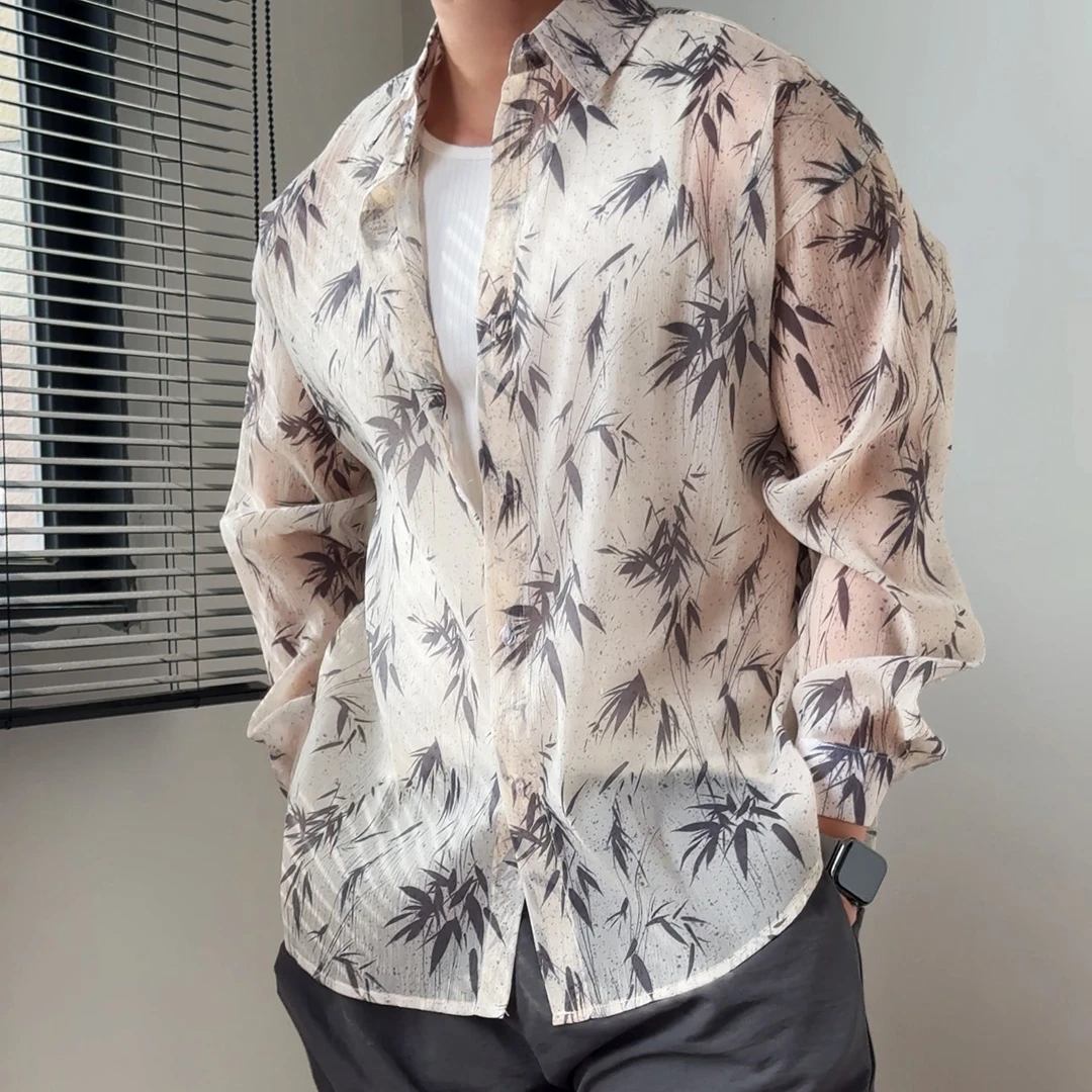 陆星家【空墨竹】国风夏季长袖薄款休闲男士衬衫小众痞帅宽松C276