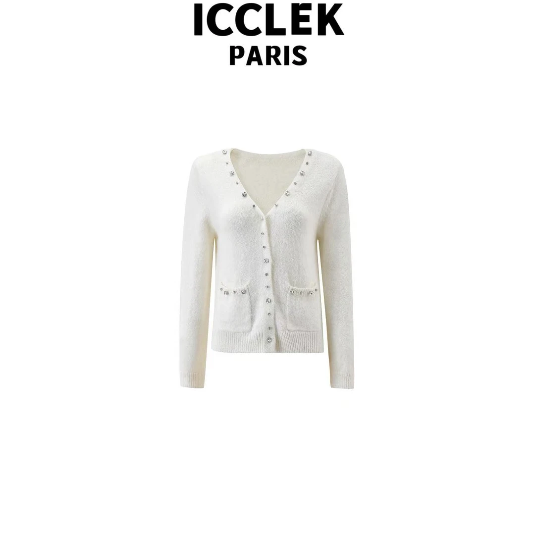 ICCLEK 白色V领亮钻针织外套开襟气质轻奢名媛宽松外套秋冬 -9419