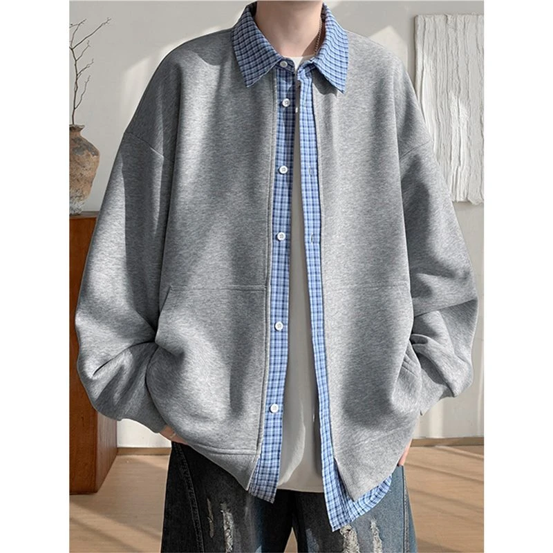 假两件拼接格子卫衣男潮牌重磅设计感休闲外套美式