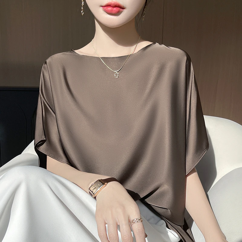 高级蝙蝠袖百搭夏季缎面t恤一字圆领气质时尚宽松遮肉短袖上衣