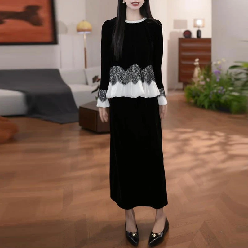 时尚蕾丝拼接设计上衣女士2025秋季新款气质显瘦半身裙洋气两件套