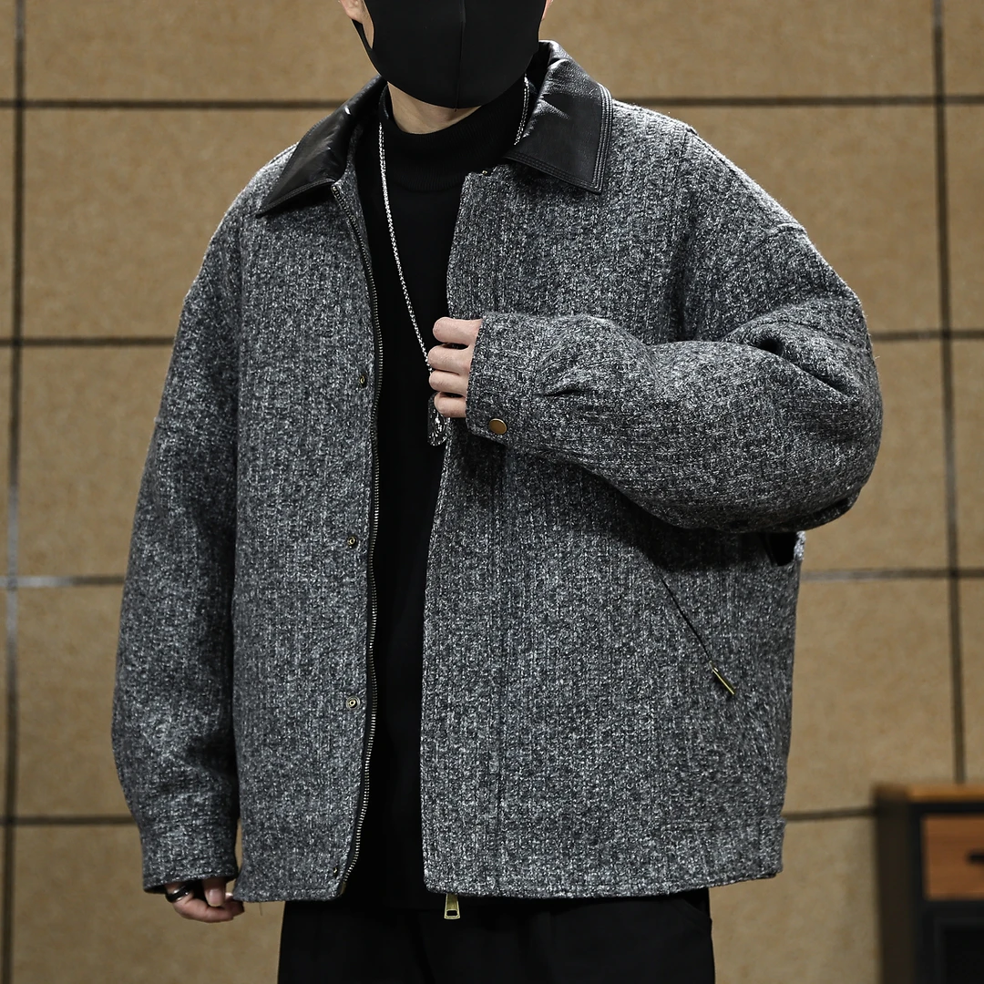 高端法式小香风保暖白鸭绒羽绒服男士冬季宽松PU翻领休闲上衣外套