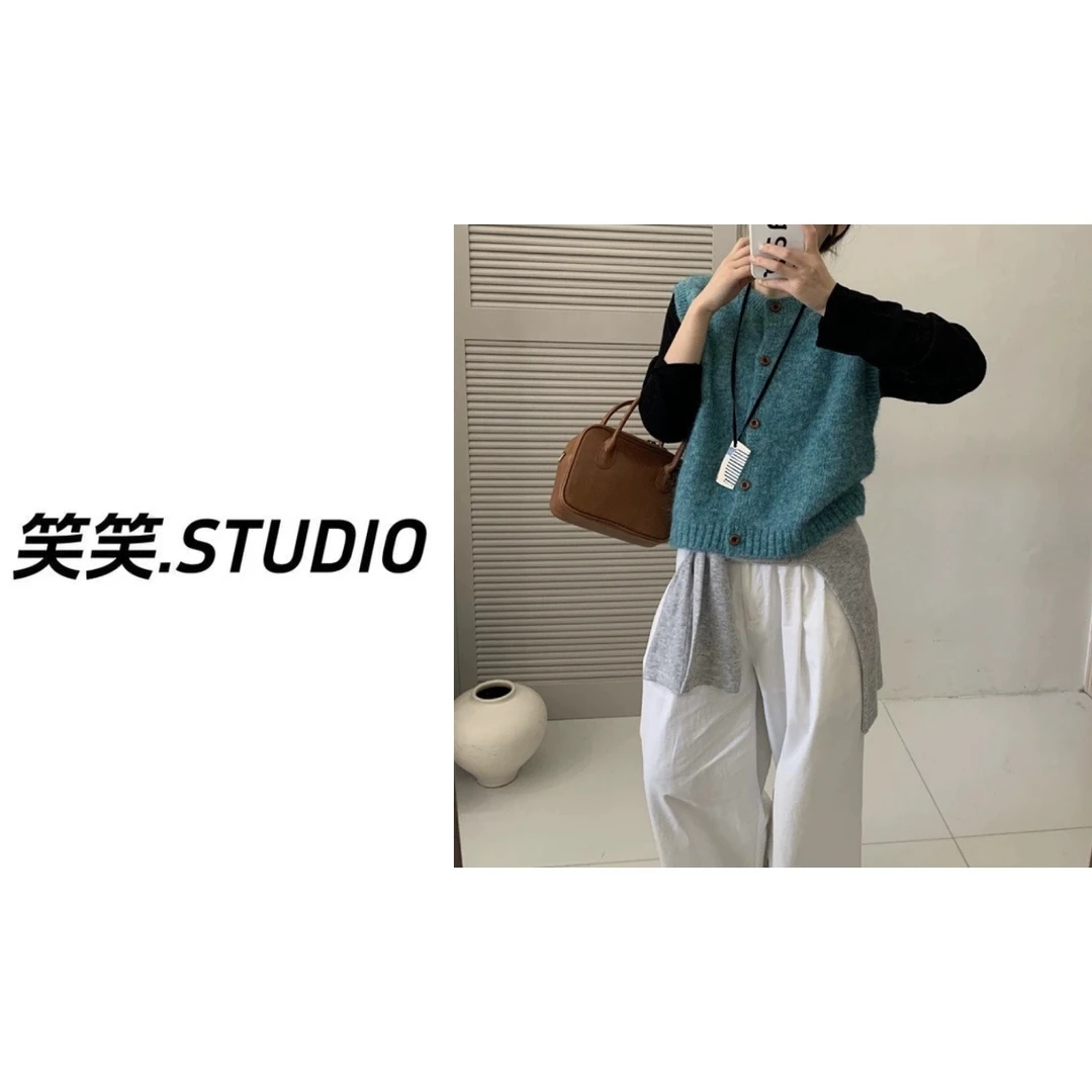 笑笑-【七色马甲】韩系复古圆领针织马甲叠穿外搭无袖单排扣毛衣