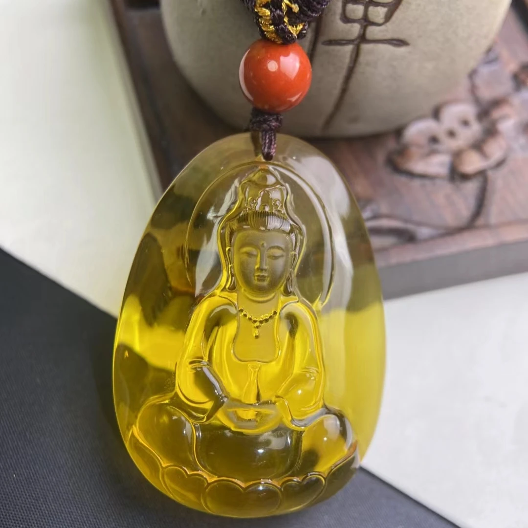 天然原矿琥珀观音吊坠男女本命年菩萨精雕蜜蜡金珀挂件孤品挂坠