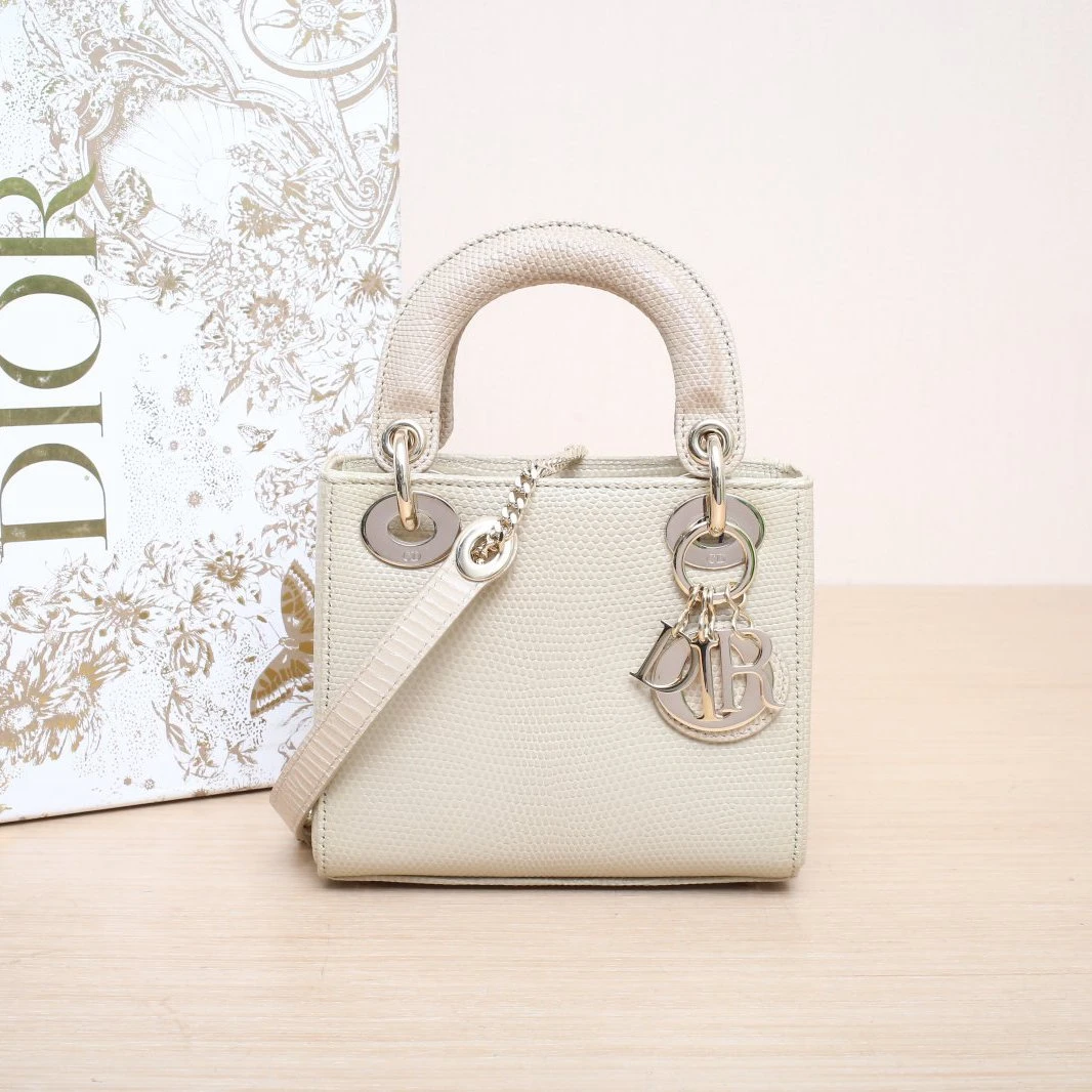 95新 DIOR/迪奥 【活动黑黑】米白色 蜥蜴皮 戴妃包 三格 链条