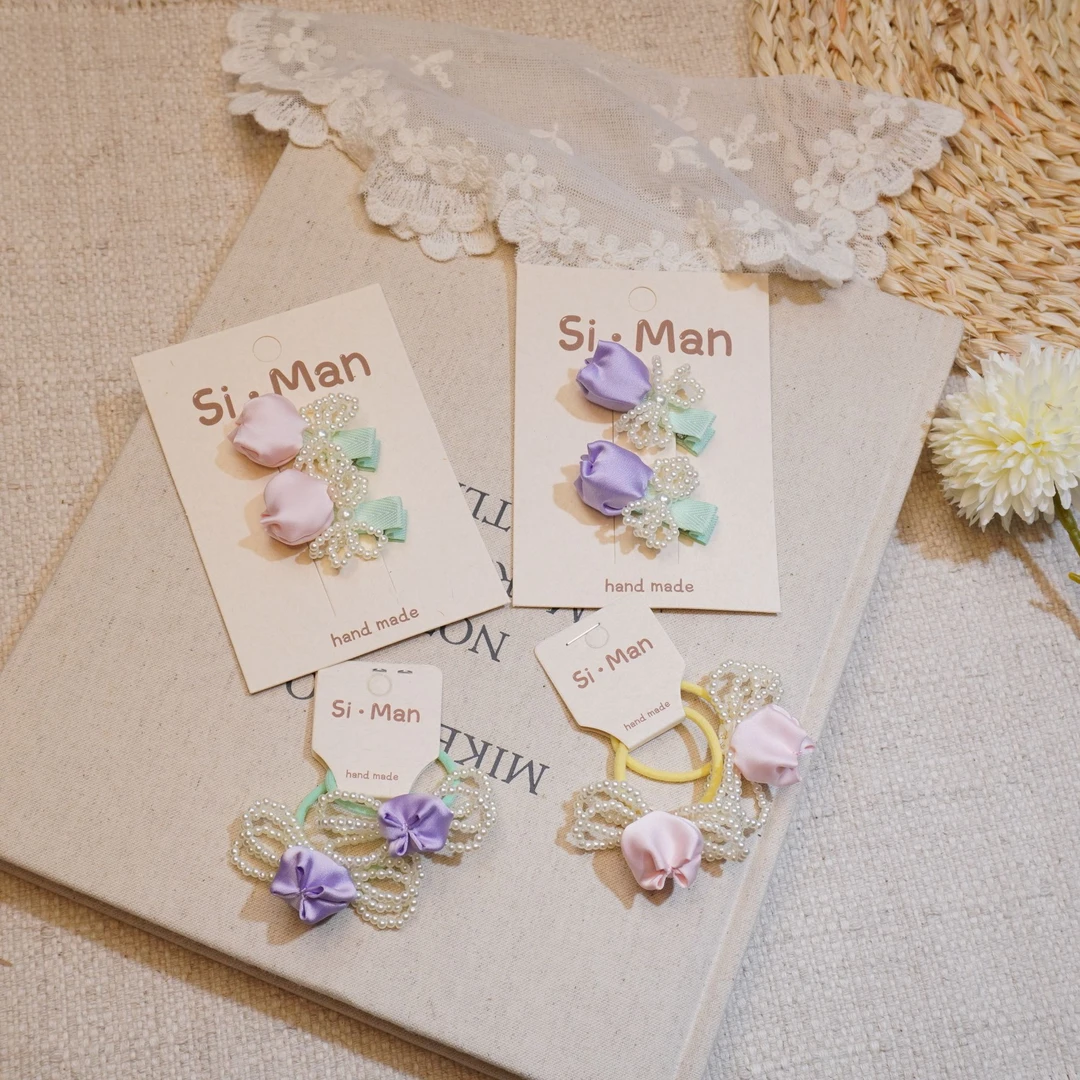 郁金香韩版可爱卡通珍珠蝴蝶结儿童手工发夹发圈