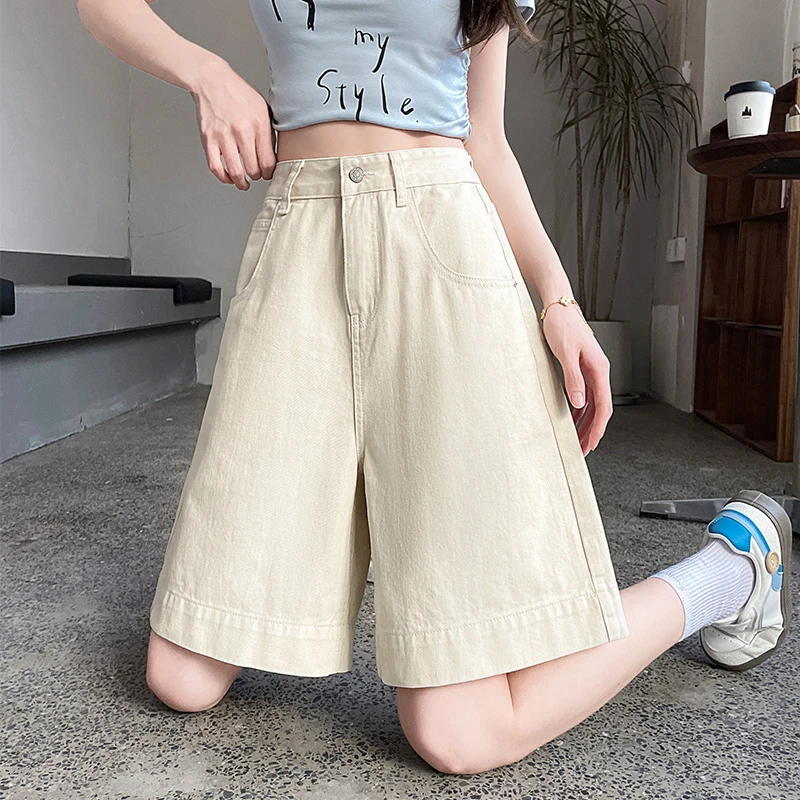 米白色五分牛仔短裤女2025夏季薄款a字版宽松阔腿遮腿型白色5分裤