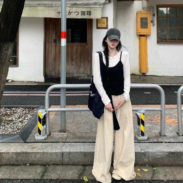 韩系穿搭套装宽松撞色长袖针织T恤女秋季修身吊带上衣长裤三件套