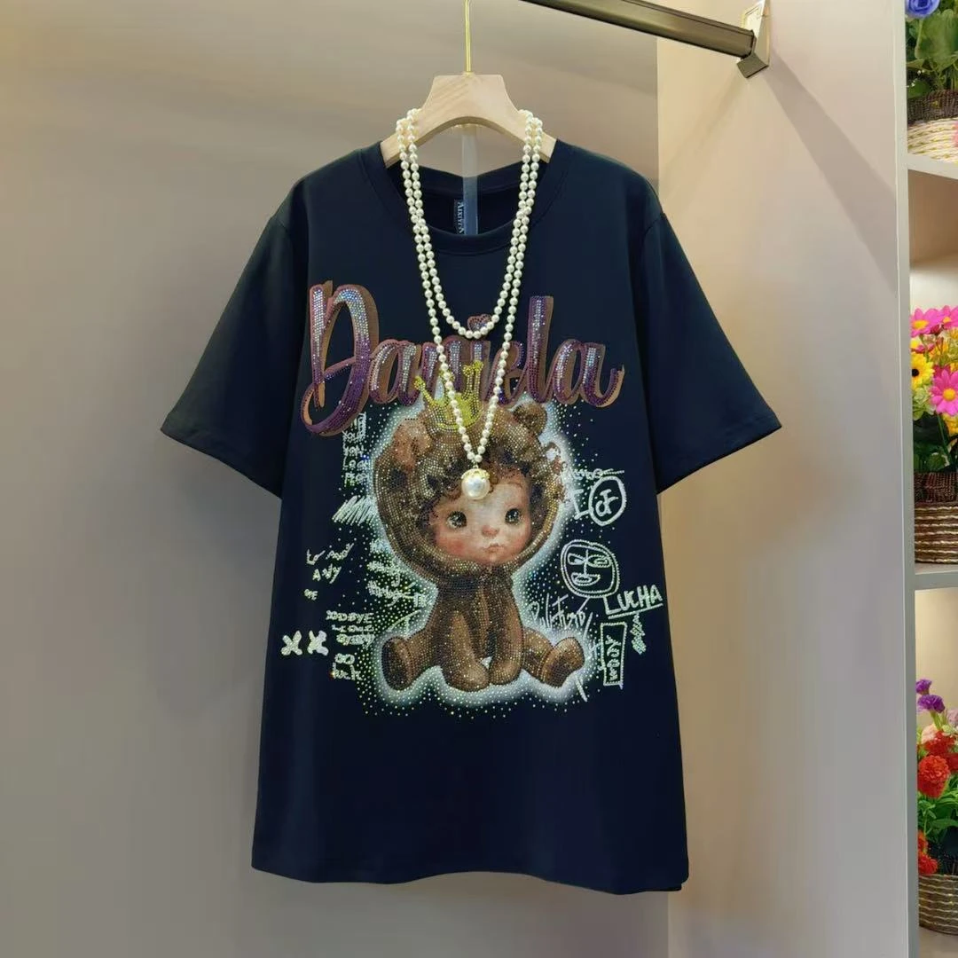 韩系卡通印花宽松遮肉显瘦打底T恤衣长75左右