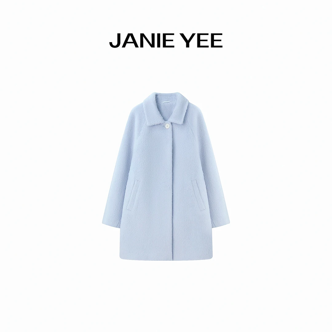 Janie Yee“baby蓝”进口苏力羊驼毛中长款毛呢大衣外套女 25A3606