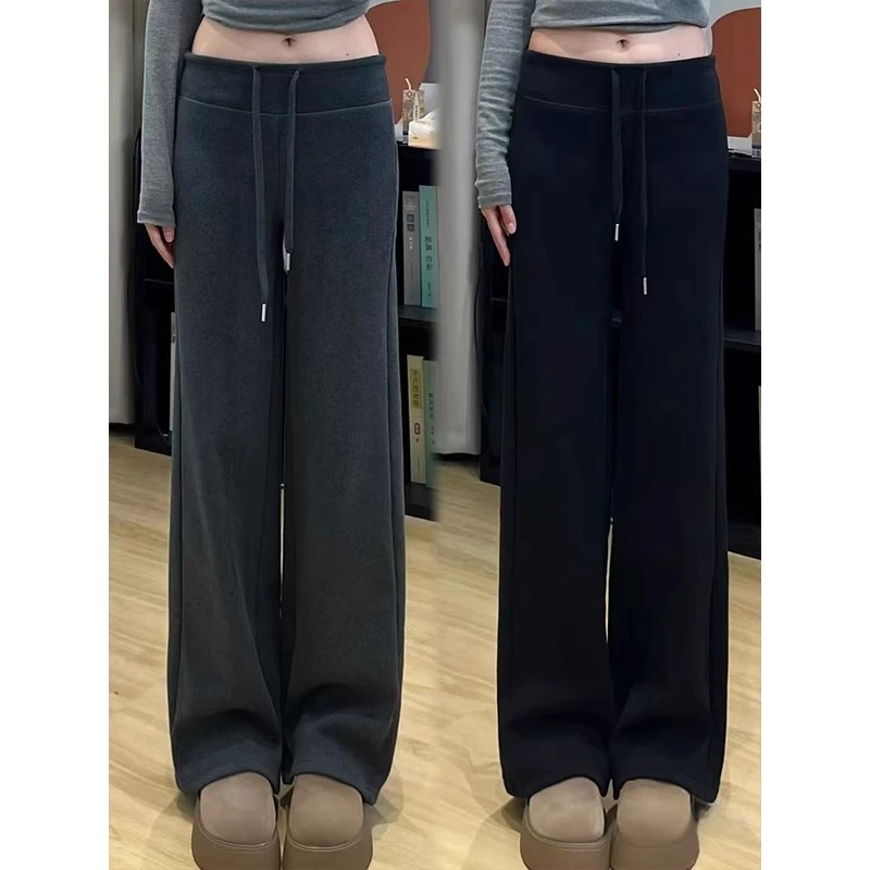 黑色休闲阔腿裤女春秋高腰抽绳设计感宽松显瘦直筒运动裤2025新款
