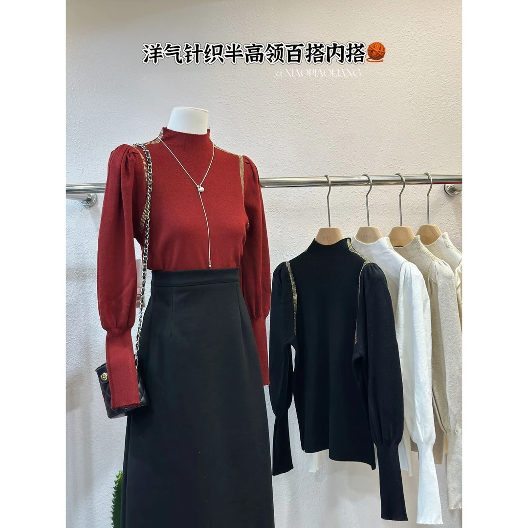 法式极简风2025新款打底衫带钻上衣设计感长袖针织衫905-2#0.1