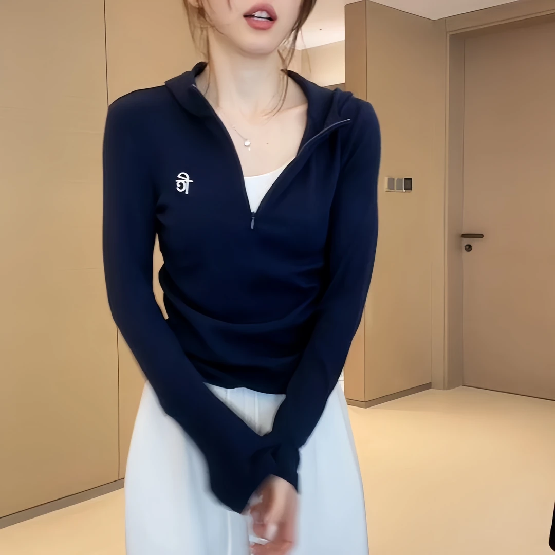 修身时尚连帽开衫双头拉链打底衫女2025秋季刺绣拼接长袖显瘦上衣