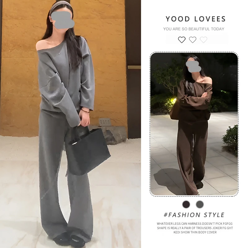 2025春秋季新款设计感简约优雅露肩斜肩长袖上衣女直筒休闲裤套装