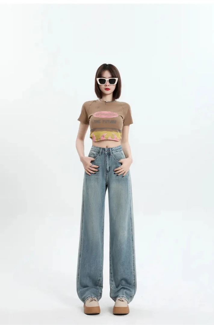 阔腿裤女款2025春季新款高腰显瘦直筒百搭宽松垂感牛仔裤女装