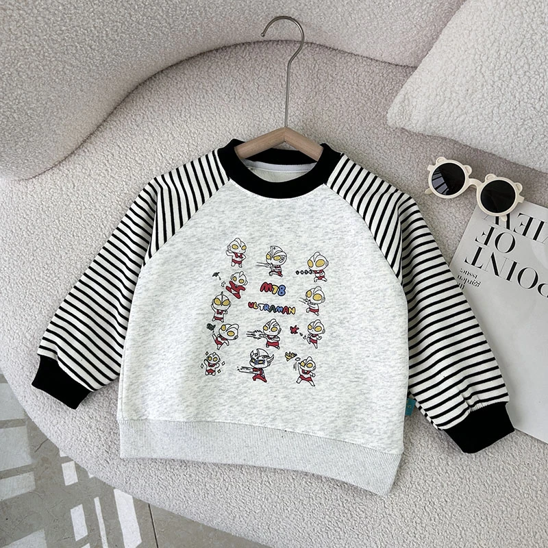 儿童加绒卫衣【温变色】男童撞色条纹长袖上衣洋气奥特曼卡通加绒