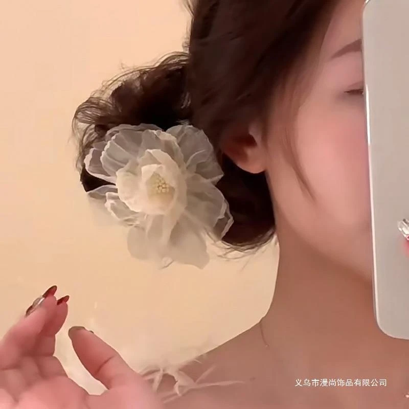 欧根纱山茶花朵发夹边夹侧马尾发卡刘海夹子头饰少女甜美超仙头饰