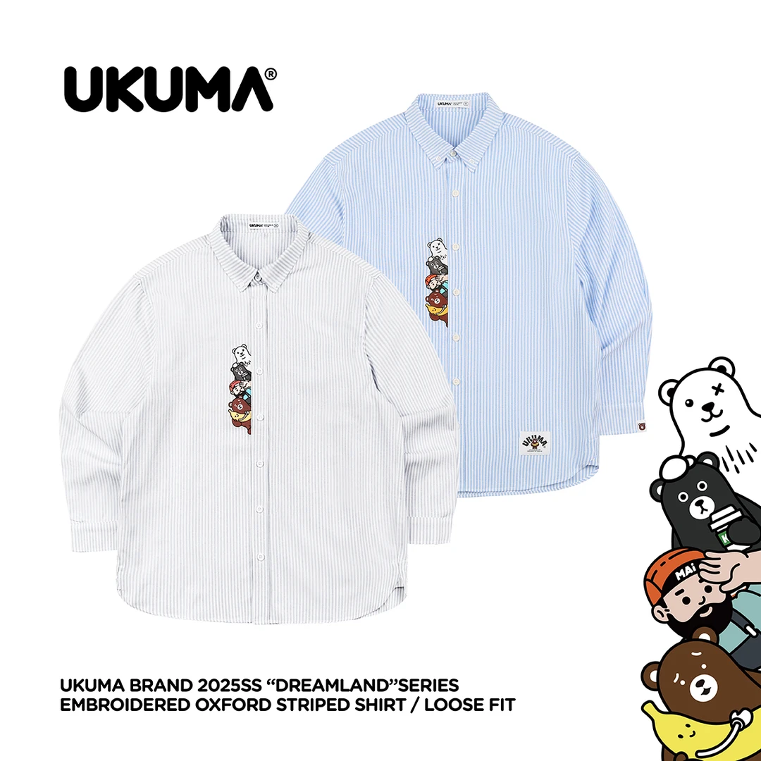 UKUMA香蕉熊系列春秋蓝白条纹牛津纺长袖衬衫外套日系休闲衬衣