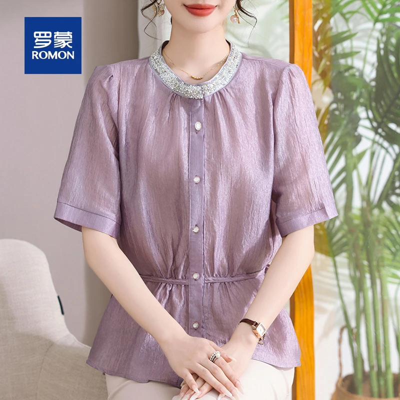 罗蒙母亲节妈妈夏装雪纺小衫套装2025新款中老年女装气质短袖衬衫