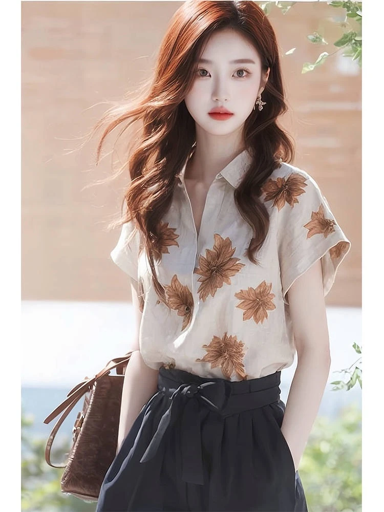 设计感小众2025夏季印花polo领短袖衬衫独特别致宽松薄款上衣女