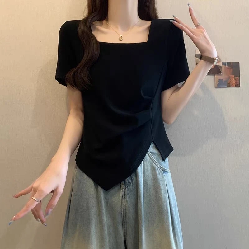 大码胖mm黑色韩版正肩方领短袖T恤女夏季褶皱不规则显瘦上衣