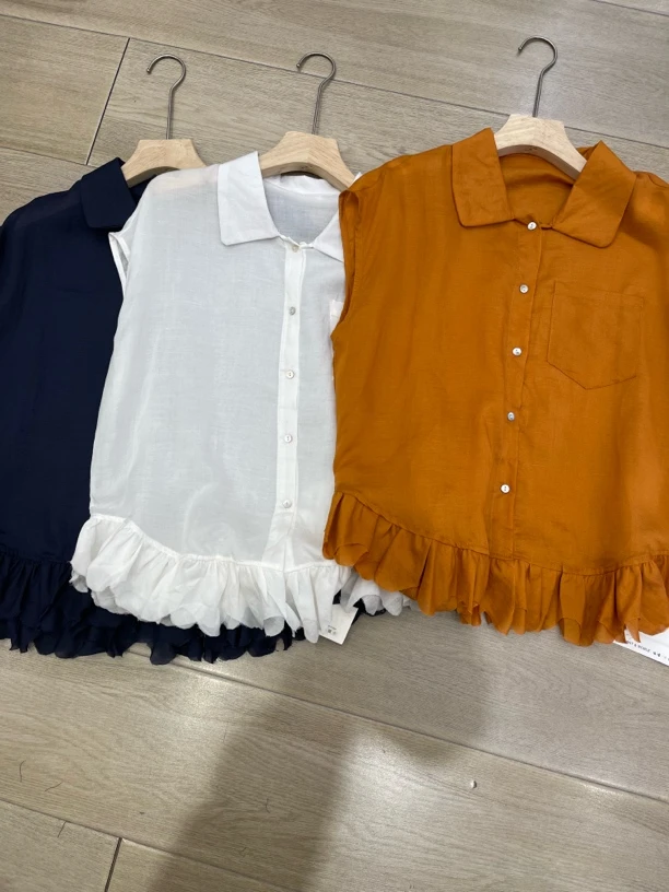 【大欣家】6812「荷叶边」贝壳扣夏季无袖韩系麻系衬衣