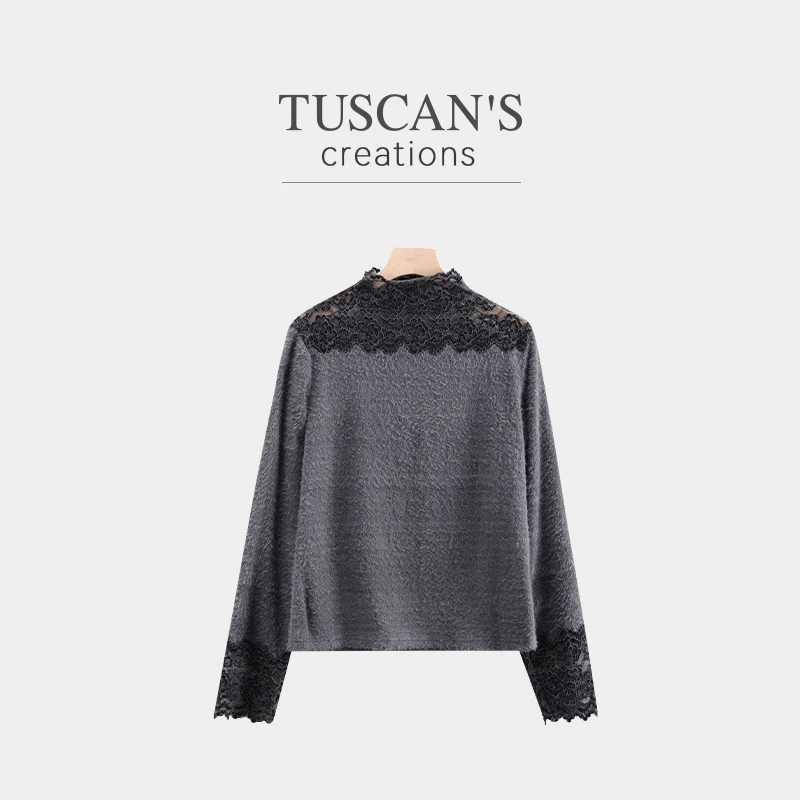 TUSCAN'S CREATIONS半高领秋冬蕾丝百搭气质女长袖T恤双鱼女装
