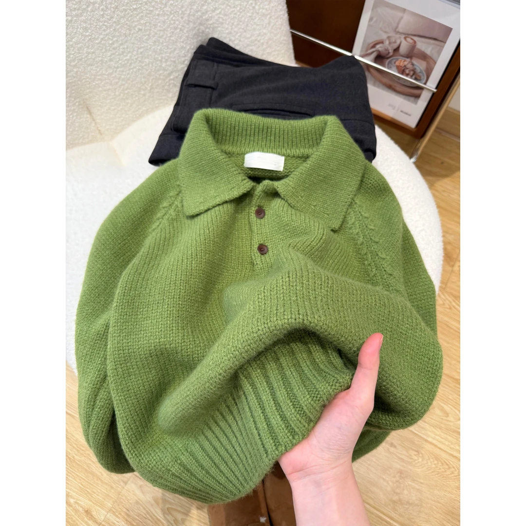 吼吼好看呐！韩系加厚绿色套头翻领毛衣女秋冬软糯宽松翻领针织衫