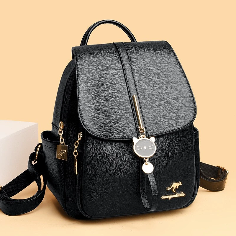 高端25新款软皮女士包质感拉链搭扣双肩包网红纯色百搭背包