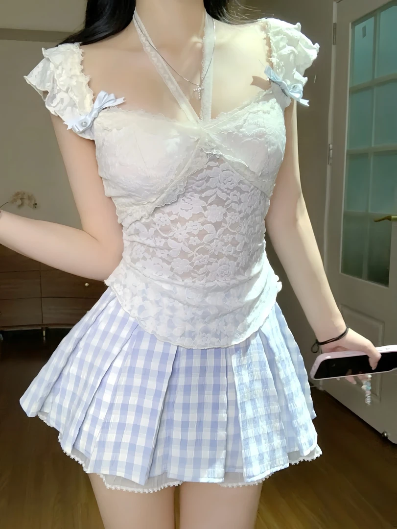 慵懒假日 夏季百搭高腰格子防走光显瘦上衣半身裙+收腰蓝色阔腿女