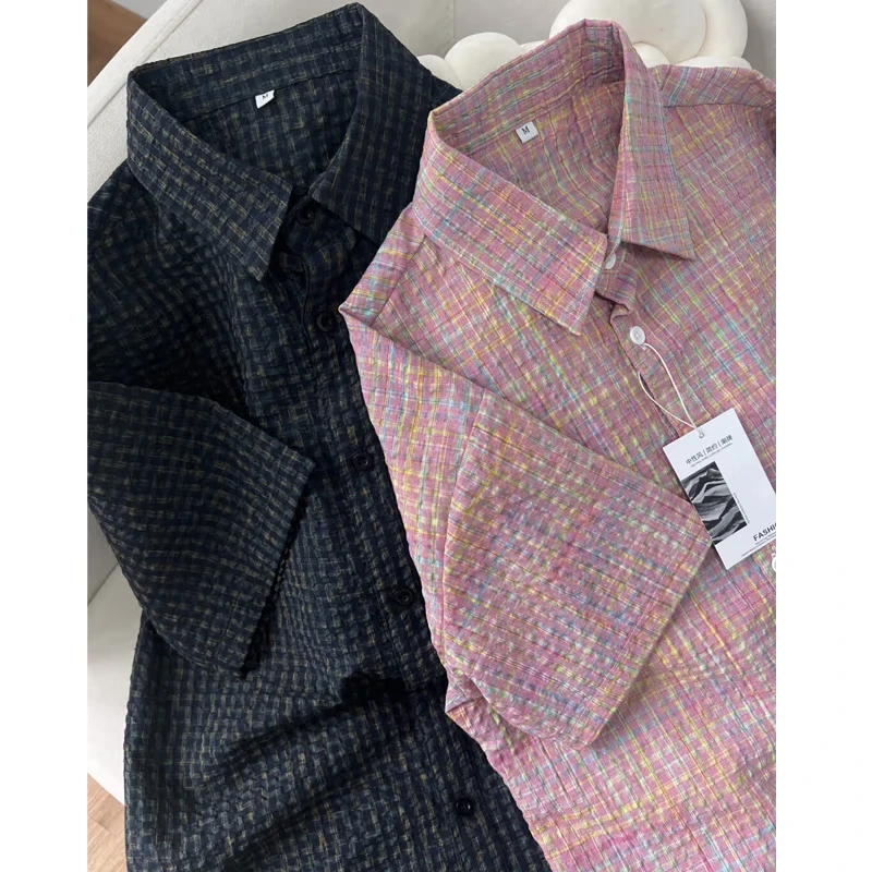 夏季新款男女衬衫中性翻领格子情侣长袖少年感休闲上衣美式衬衣