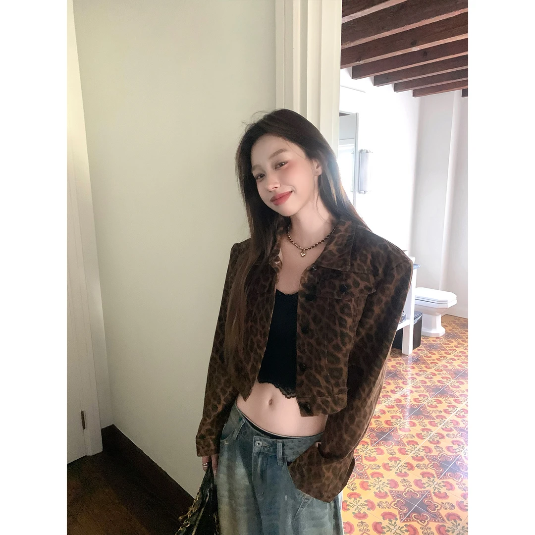美式复古豹纹咖色牛仔短外套女秋季2025新款高级感时尚显瘦上衣