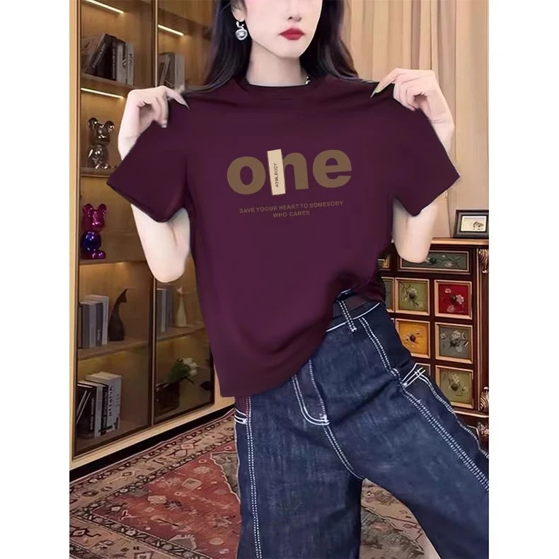 小众设计感正肩纯棉短袖t恤女时尚洋气紫罗兰休闲上衣打底衫夏季