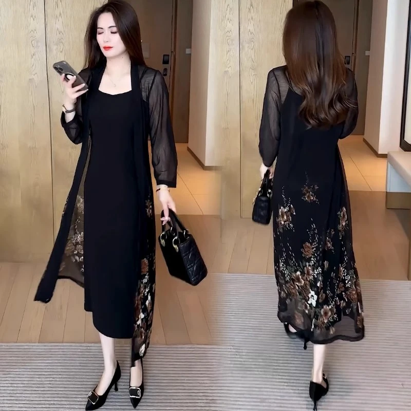 妈妈装中长款薄款防晒衣夏季设计感时尚过膝宽松型纱网大码披肩