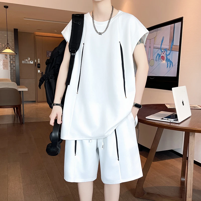 夏季薄款男士无袖T恤套装青少年潮流宽松百搭学生运动休闲两件套