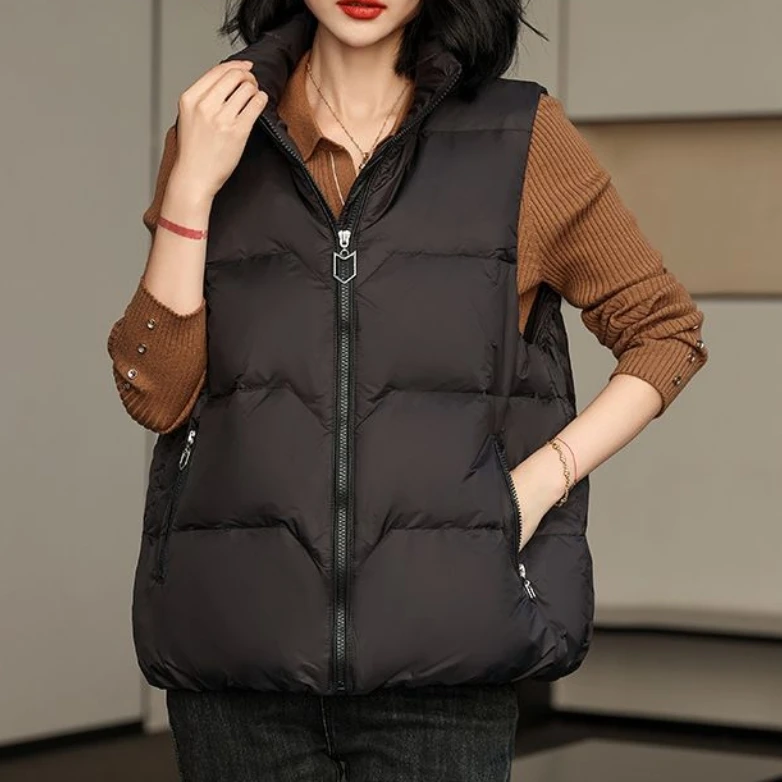 YT01483新款时尚宽松休闲立领纯色百搭白鸭绒羽绒服马甲