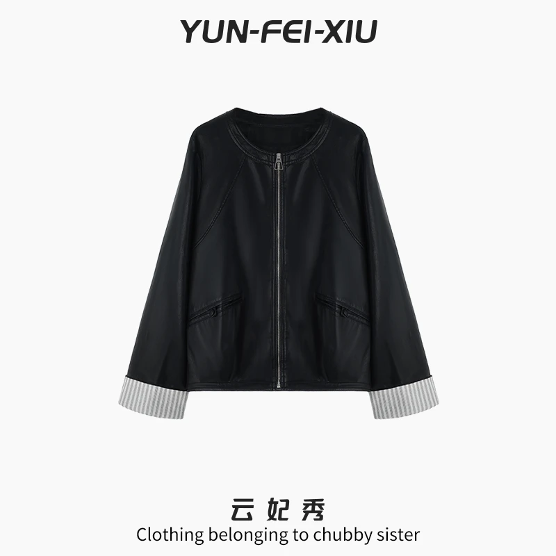 云妃秀大码女装皮衣圆领时尚休闲宽松显瘦胖妹妹气质夹克秋77117
