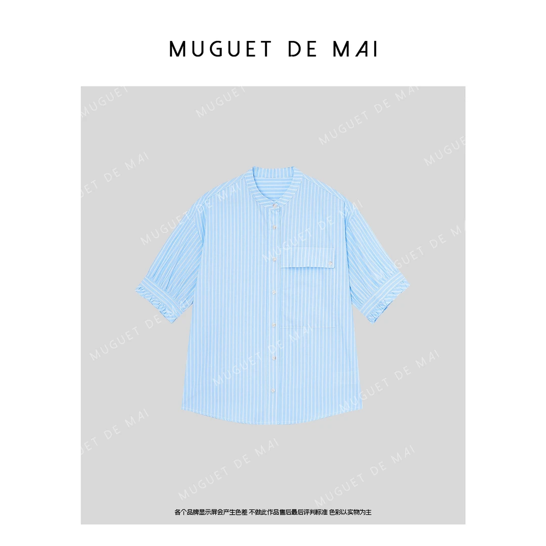 【MGDM】夏季清新条纹衬衫女短袖宽松文艺纯棉上衣舒适小立领衬衣