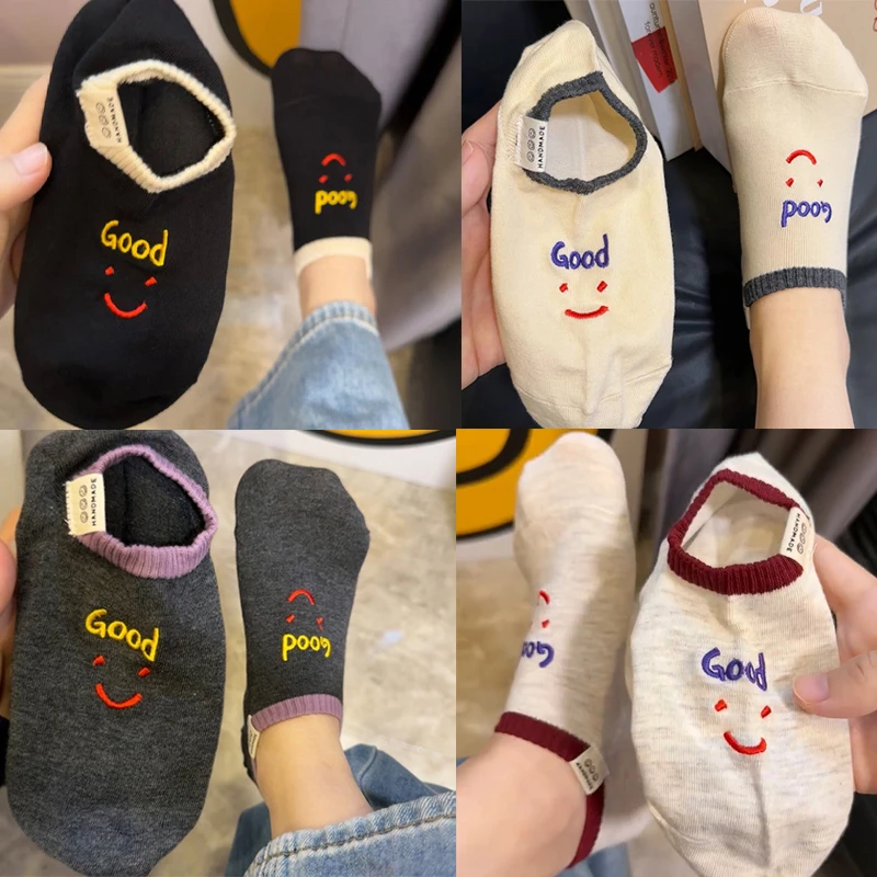 春秋薄款拼色刺绣字母笑脸船袜潮袜