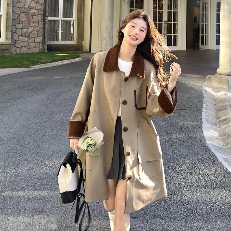 卡其色灯芯绒拼接风衣外套女2025春秋新款韩版宽松休闲中长款大衣