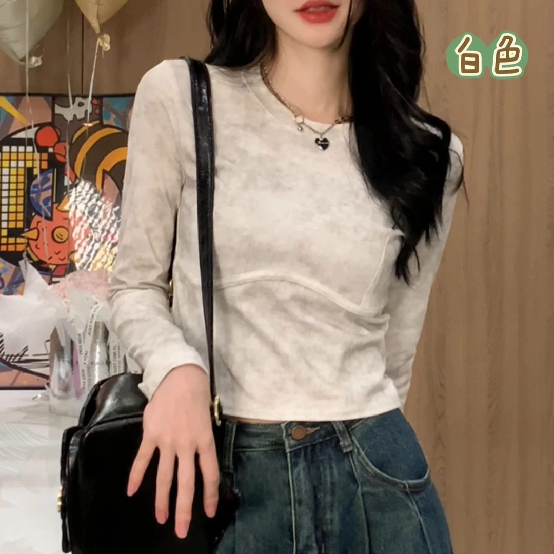 【工厂优价】 早春 百搭显瘦扎染鱼骨线设计感圆领长袖打底衫DM5129
