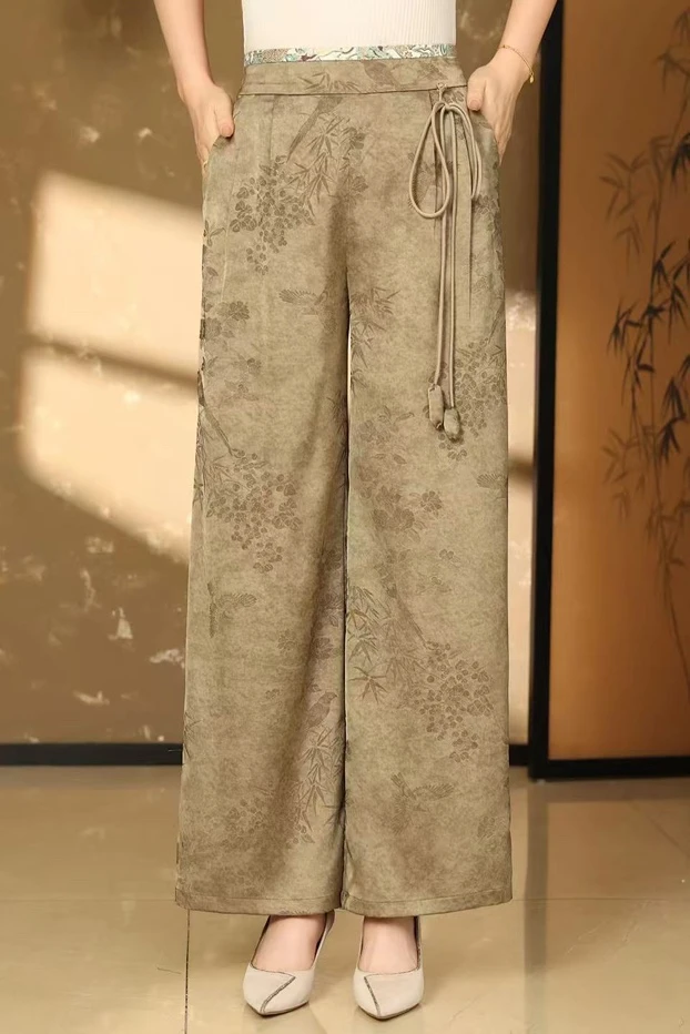 春秋款黄直筒裤宽松中式休闲提花高腰裤