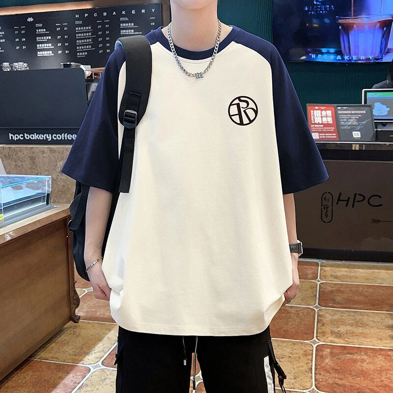 百搭纯棉半袖夏季重磅黑白拼接青少年t恤短袖宽松学生撞色男士