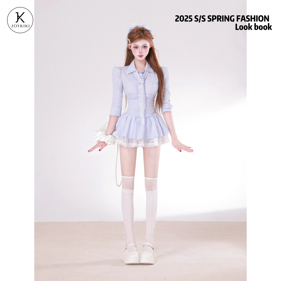 JOY KIKI鹅了么【美术生】学院风条纹蕾丝拼接少女衬衫 J25B294