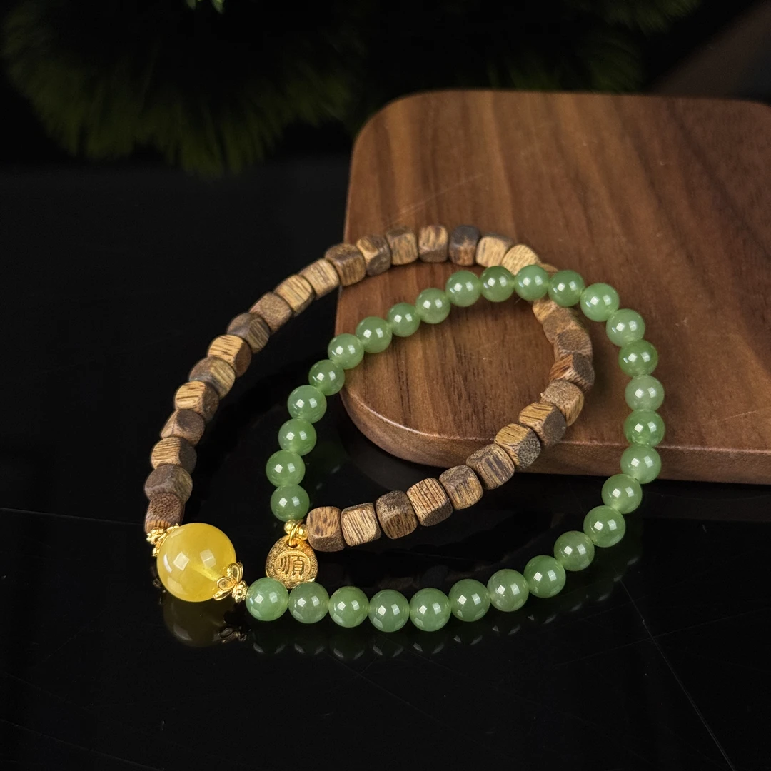 约6mm+和田玉碧玉圆珠搭绿奇楠银配件DIY双圈手串