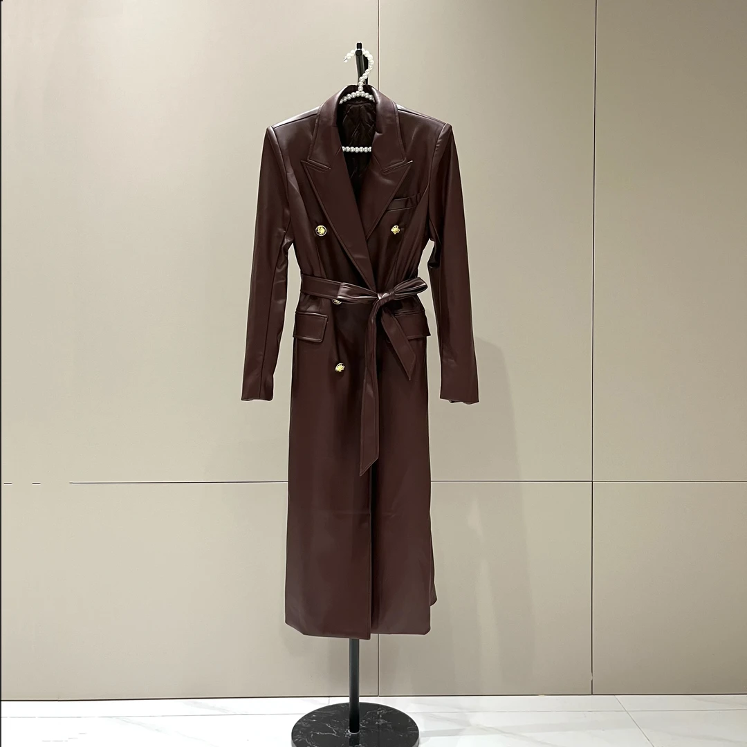 西装领时尚气质双排扣收腰绑带显瘦百搭大衣中长外套