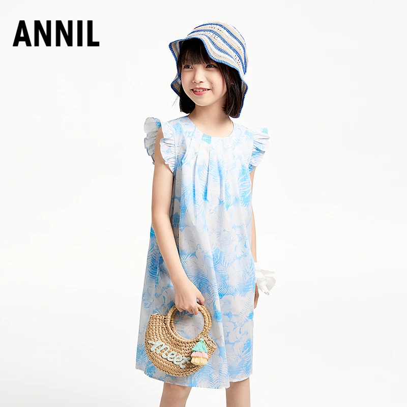 安奈儿女童纯棉飞袖连衣裙2025夏新款柔软亲肤印花A字裙EG523031