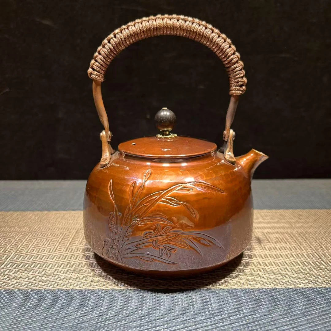 当代 紫铜兰花壶 纯手工铜壶提梁煮茶壶 纯铜闷泡壶烧水壶茶具